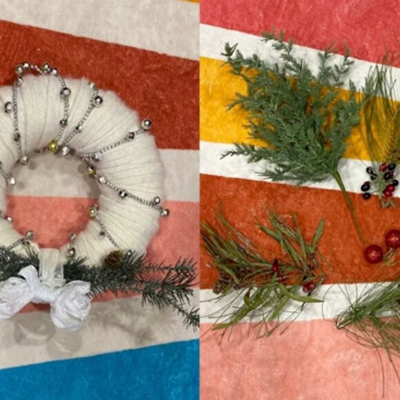 Holiday decor Festive White Wreath with Bells and Pine Accents and greenery - Picture 2 of 7